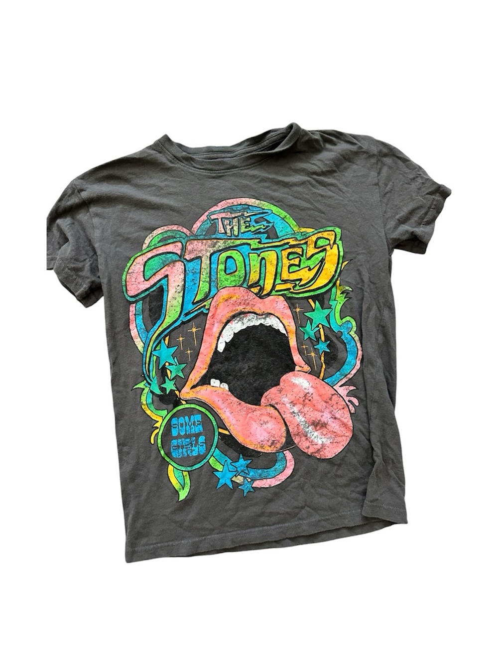 The Stones Women’s Graphic Tee in Charcoal with Neon Tongue Print Womens XS